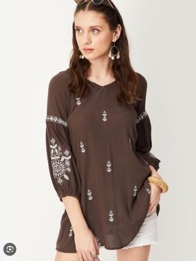 MAX Embroidered Tunic Top- Brown w/ White Silver Detail- Large
